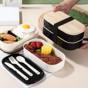 Bubbento Simple Bamboo Lid Double-Layer Sealed Lunch Box with Tableware